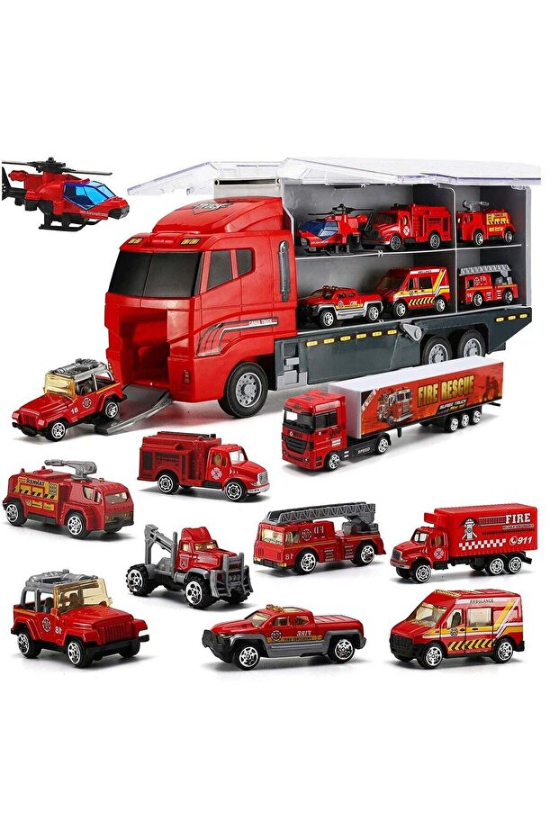 11 Pcs Fire Truck Vehicle Toy Set, Mini Die-cast Fire Engine Car in Carrier Truck