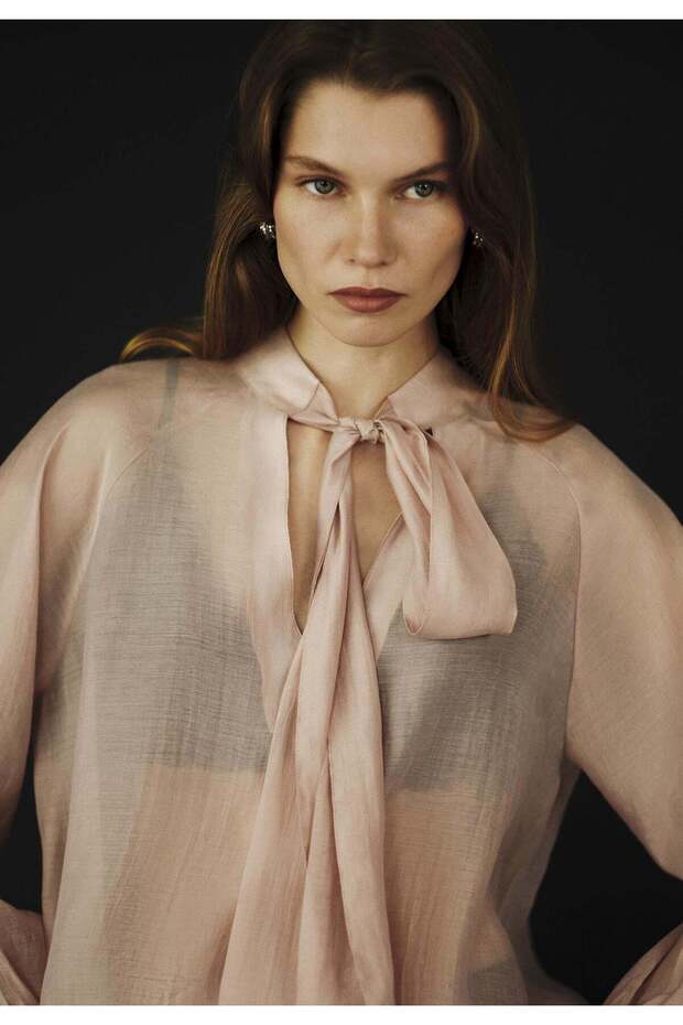 Deep V Neck Tie Blouse - ADOBE ROSE