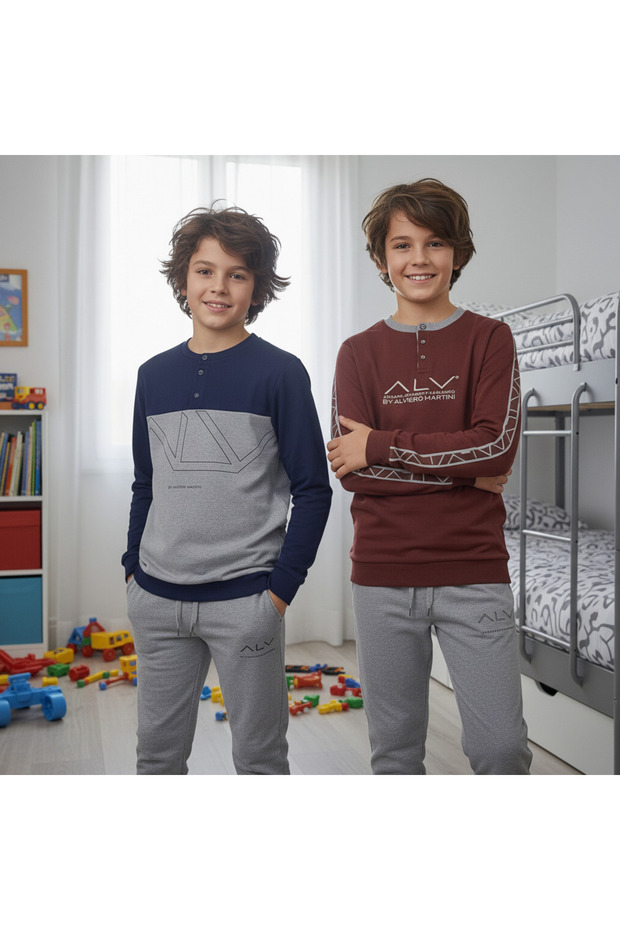 Young Men's Cotton Collared Buttoned Pocketed Gift Set 2 Pieces 2-Piece Top and Bottom Pajama Set Al008 V1, Al003