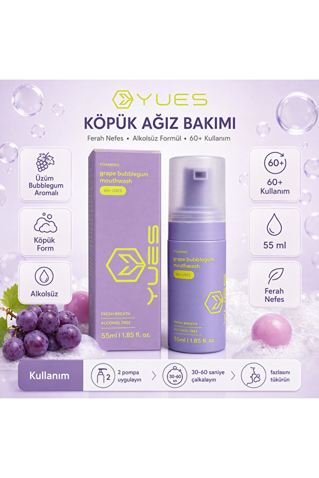 Grape Bubblegum Mouthwash Köpük Üzüm Aromalı Ağız Gargarası Alkolsüz Ferah Nefes 60+ Kullanım