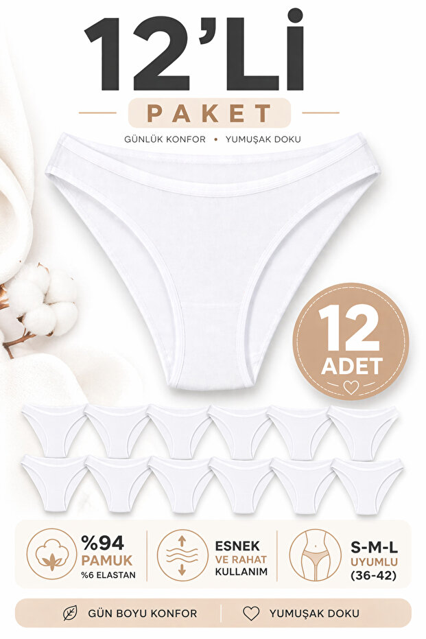 Termalset Underwear Women's White 12-Pack Cotton Bikini Panties Lycra Fabric (S-M-L) Compatible