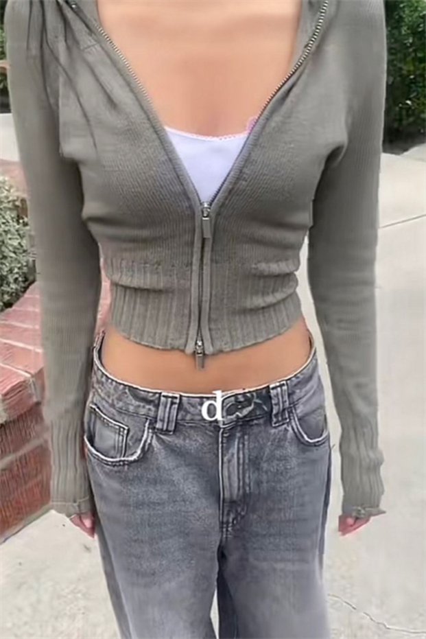 Khaki Hooded Rubber Knit Detailed Y2K Crop Cardigan