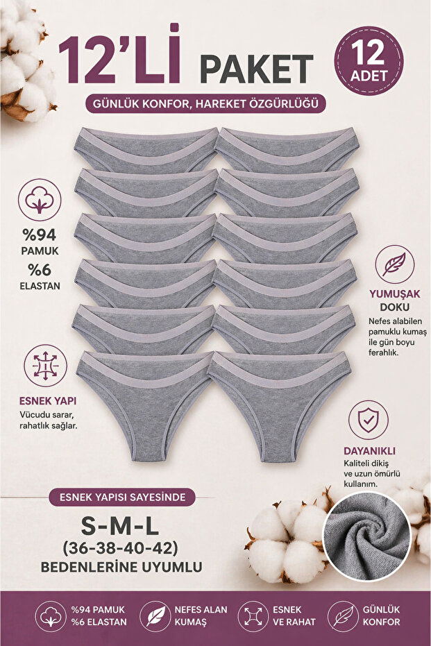 Termalset Underwear Women's Gray 12-Pack Cotton Bikini Panties Lycra Fabric (S-M-L) Compatible