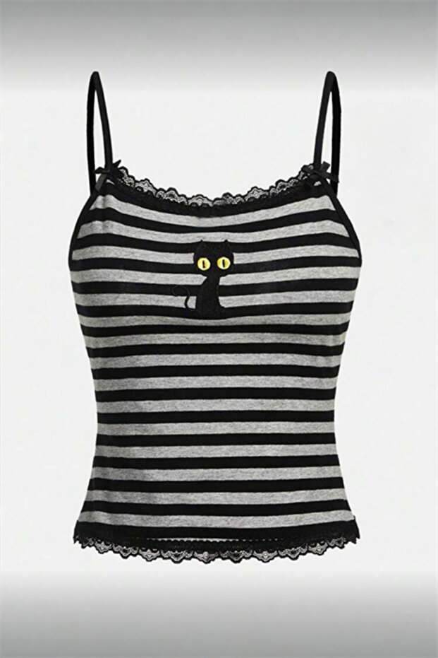 Black Gray Striped Black Cat Detailed Lace Collar Bow Y2K Strap Crop Top