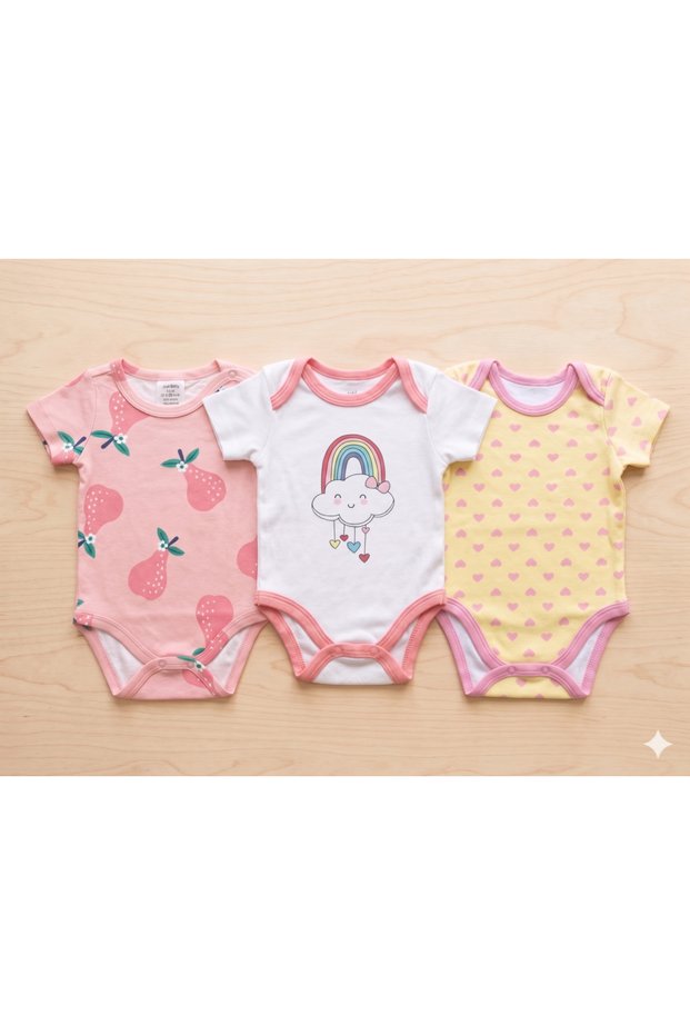 100% Cotton Short Sleeve Snap Fastener Baby Bodysuit 3-Piece Set
