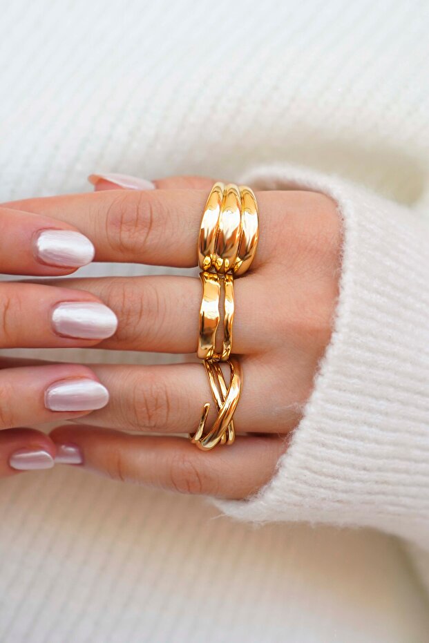 Women's Bomebeli 3-Piece Combination Ring Set Gold Shiny Ring Model