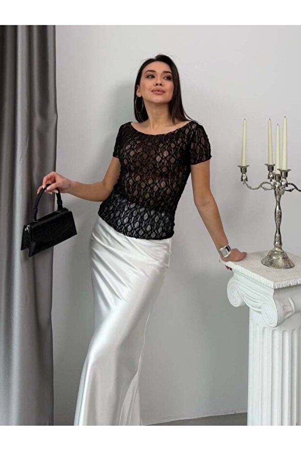 Women's Boat Neck Short Sleeve Lace Blouse
