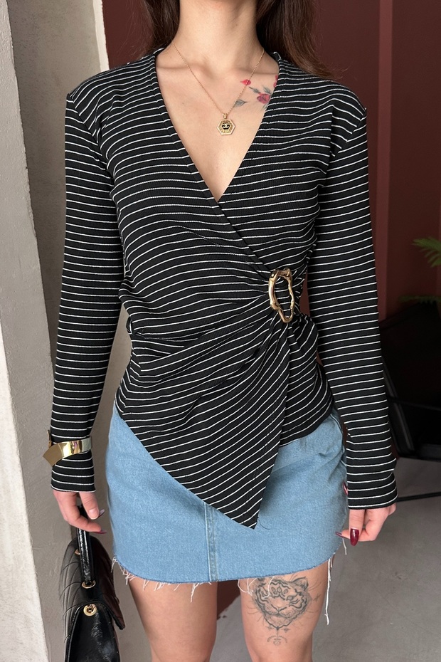 Women's Black and White Double-Breasted Knitted Blouse with Buckle Detail