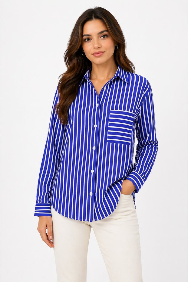 Women's Cobalt Blue and White Striped Shirt with Pockets, Long Sleeve Viscose Shirt -