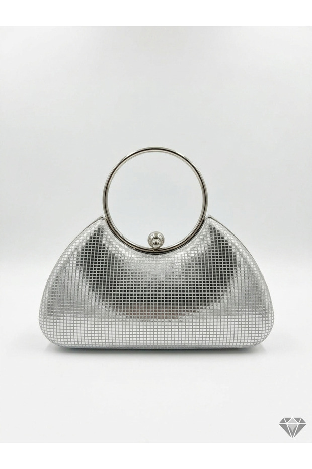 Very Stylish Evening Dress and Clup Bag with Gold Ring Detail, Honeycomb Shiny Leather and Long Chain Strap
