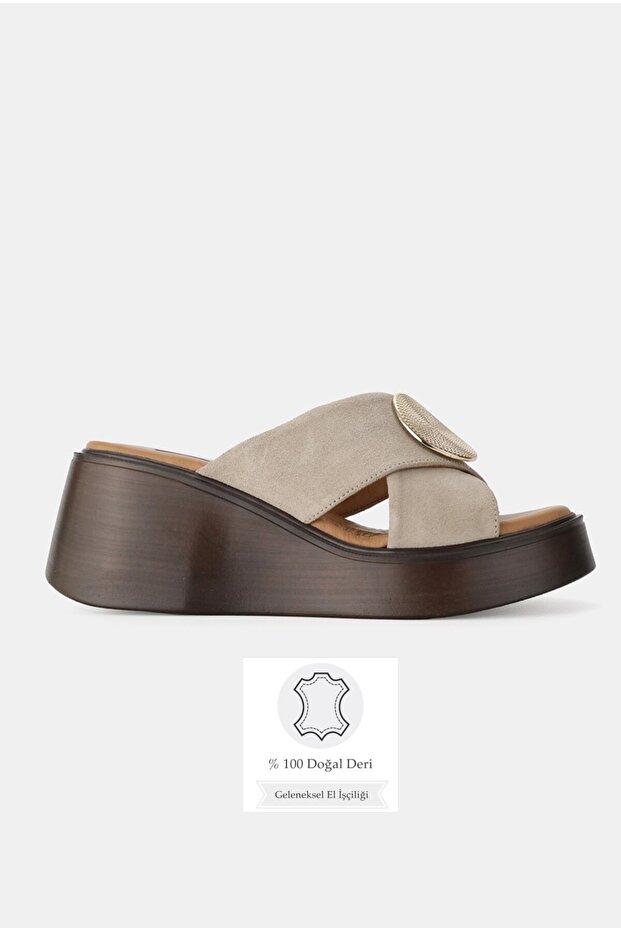 Women's Beige Suede Genuine Leather Daily Wedge Heel Slippers