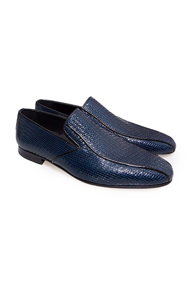Dark Blue Color Laceless Genuine Leather Leather Sole Men's Shoes