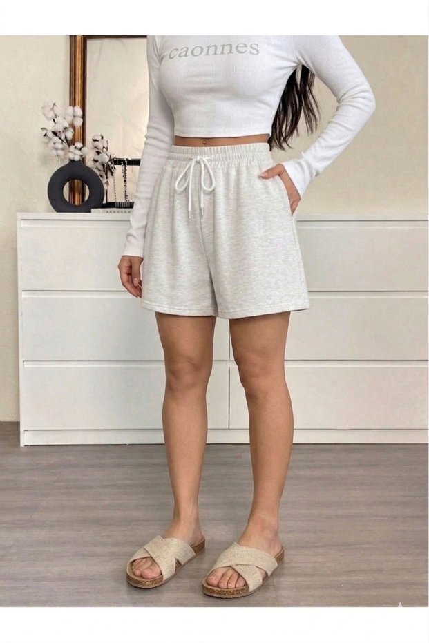 Shorts - Women's Gray Oversize Relaxed Fit High Waist Lace-Up Casual Shorts