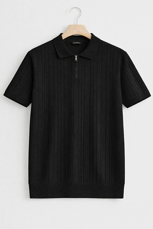 Polo Collar Slim Fit Zipper Striped Old Money Knitted First Quality Soft Short Sleeve Men's T-Shirt