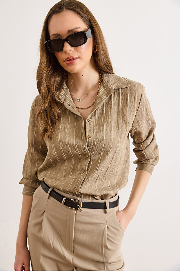 Women's Mink Textured Contrast Striped Regular Fit Shirt Gml-19001405