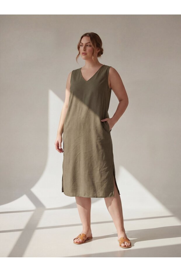 Sleeveless V-Neck Large Size Casual Dress Khaki