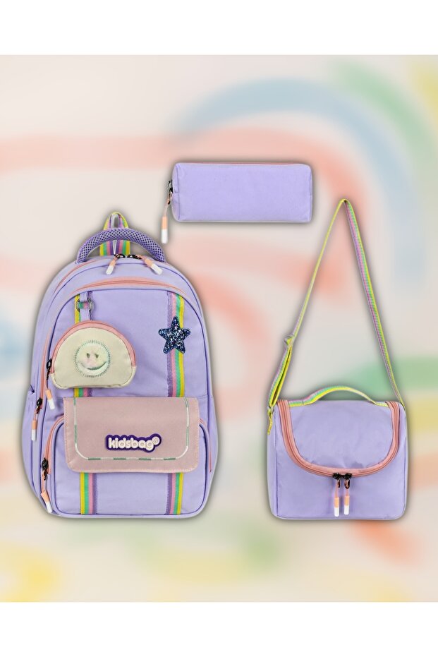Kız Yıldız Lilac Primary School Orthopedic 3-Piece Set with Pen Holder, Foil-Lined Lunch Bag, 3-Compartment Water Bottle 523