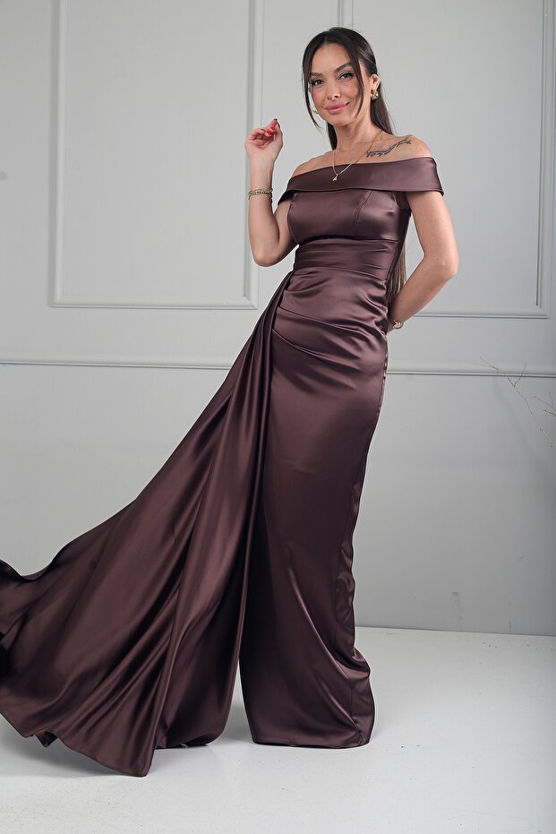 Madonna Collar Slit One Side Long Lined Satin Long Dress