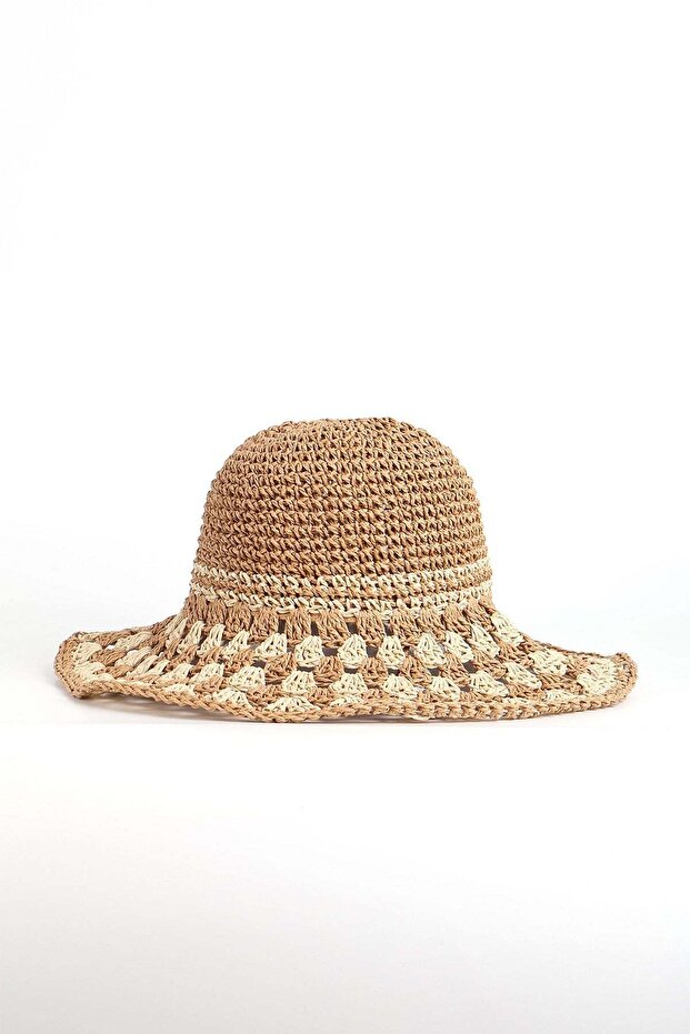 Woven Detailed Earth Beige Color Knitted Straw Beach Hat 19041