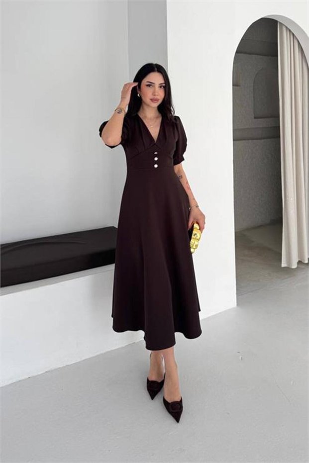 Women's Brown V-Neck Midi Length Button Detailed Short Sleeve Dress Nbk4612