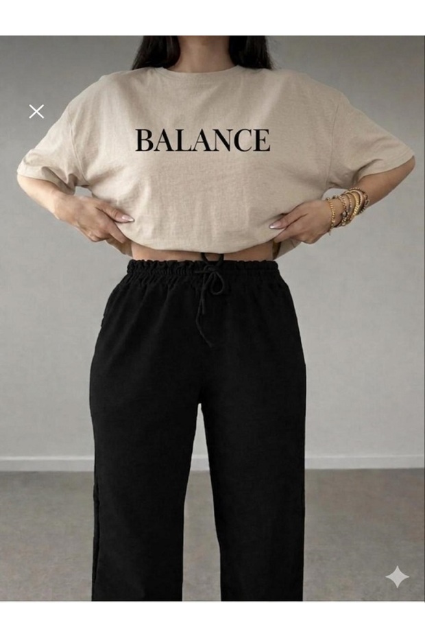 Unisex Wide Cut T-Shirt Tracksuit Set with Balance Text Print