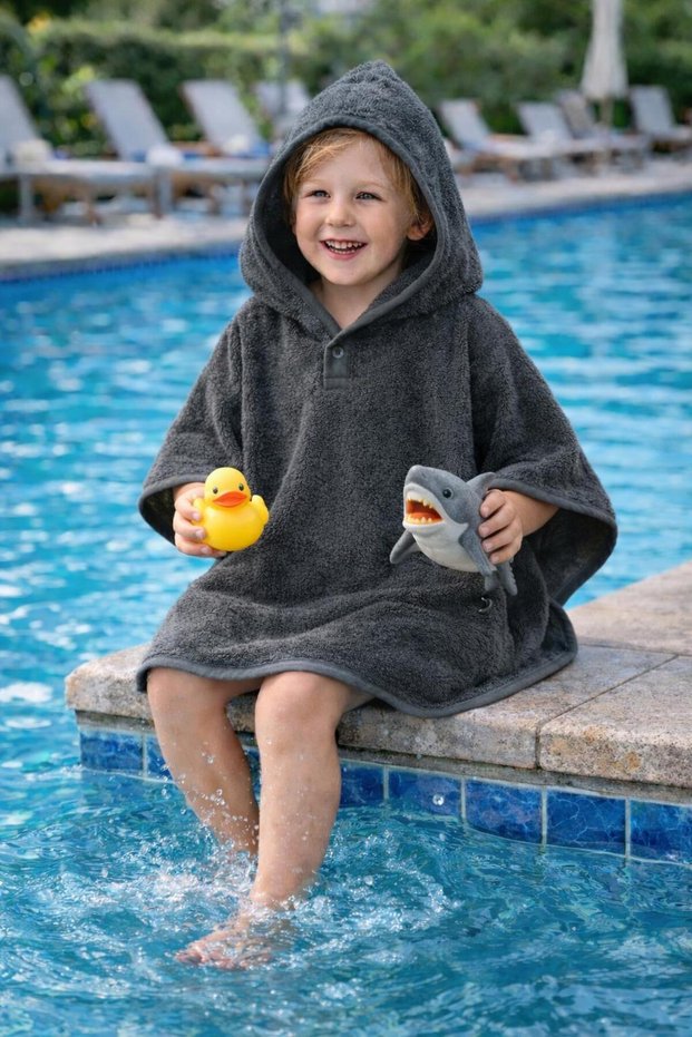 Outlet Ihracat 100% Cotton Girls' and Boys' Sea, Beach, Pool, Bath Towel Poncho/Dark Gray