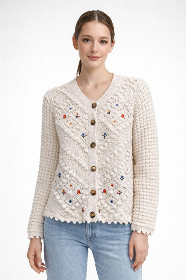 Openwork Detailed Embroidered Knitwear Cardigan