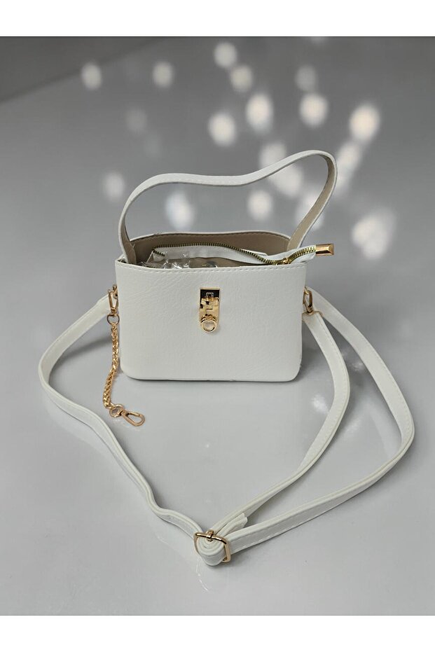 White Leather Look Women's Bag with Mini Gold Buckle and Long Strap
