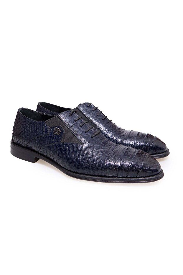 Dark Blue Color Lace-Up Genuine Leather Men's Shoes
