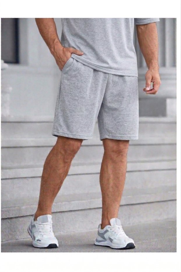 Shorts - Men's Gray Oversize Relaxed Fit High Waist Lace-Up Casual Shorts