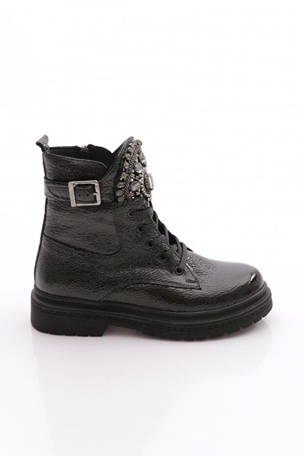 0522-22K Women's Crystal Stone Buckle Lace-Up Boots