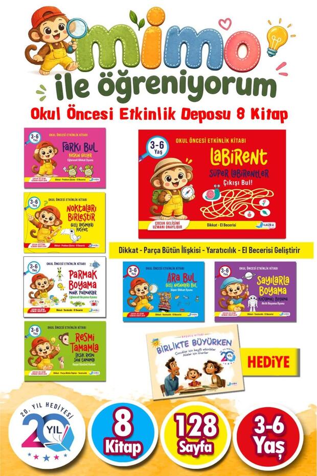مجموعة الأنشطة التعليمية للأطفال من سن 3 إلى 6 سنوات مع ميمو، 8 كتب، كتب الأنشطة التعليمية