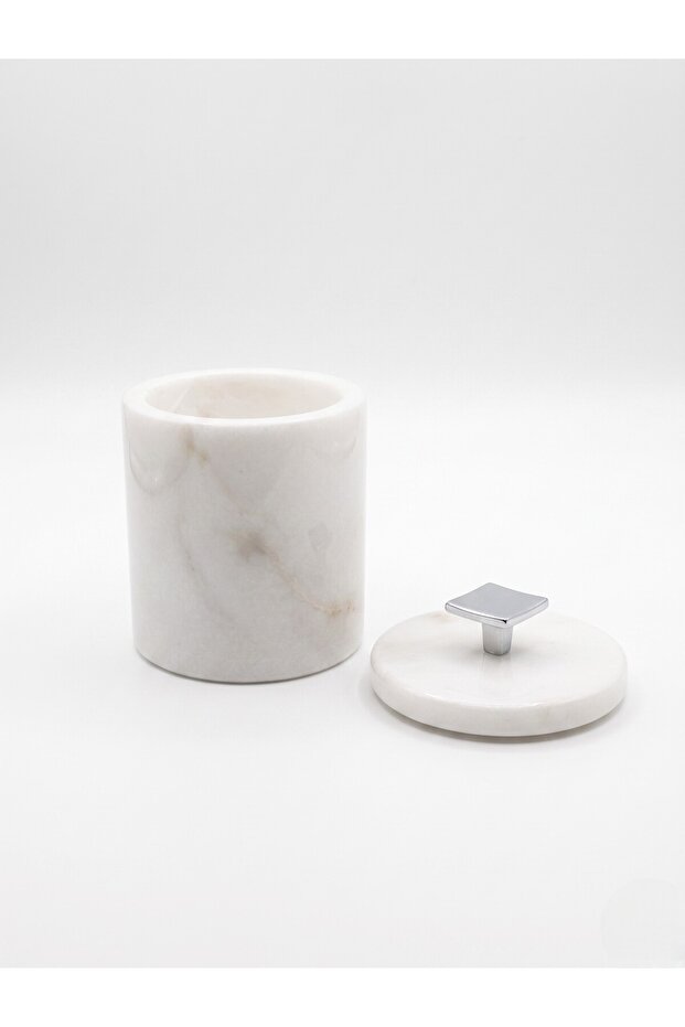 Natural White Marble Cotton Swab Holder and Lid Set, Square Handle with Silver Detail, Bathroom/Makeup Table Organizer