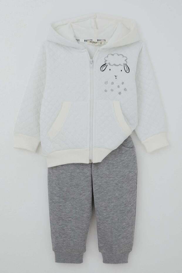 Baby Boy Tracksuit Set with Cute Little Lamb Print, 6 Months-1.5 Years, Ecru