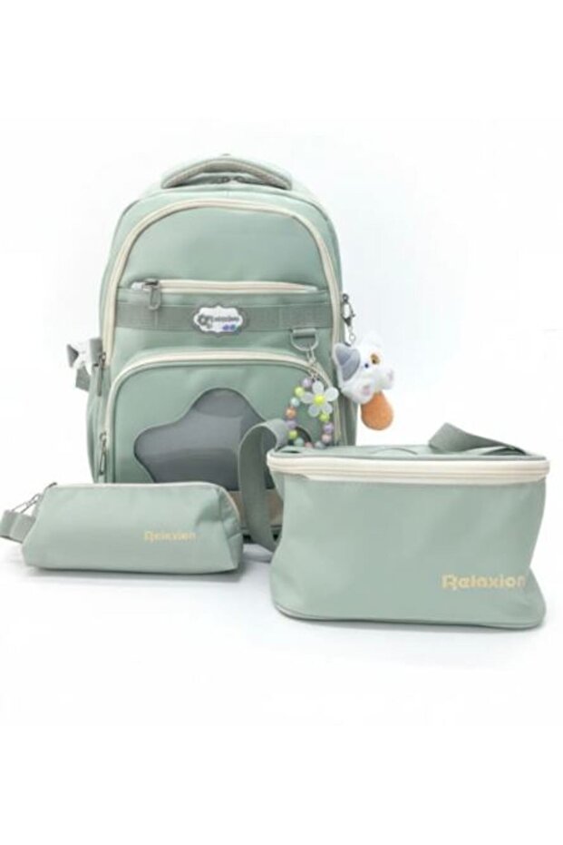 Set of 3 Primary School School Bag Backpack Set with Lunch Box and Pencil Case Green 1920