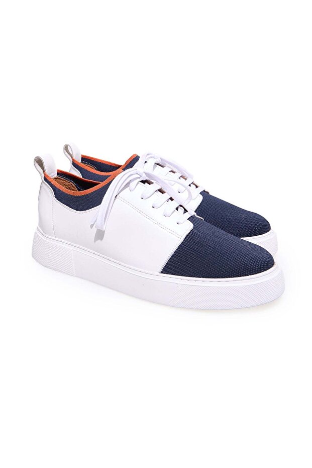 White Color Lace-Up Genuine Leather Knitted Men's Shoes