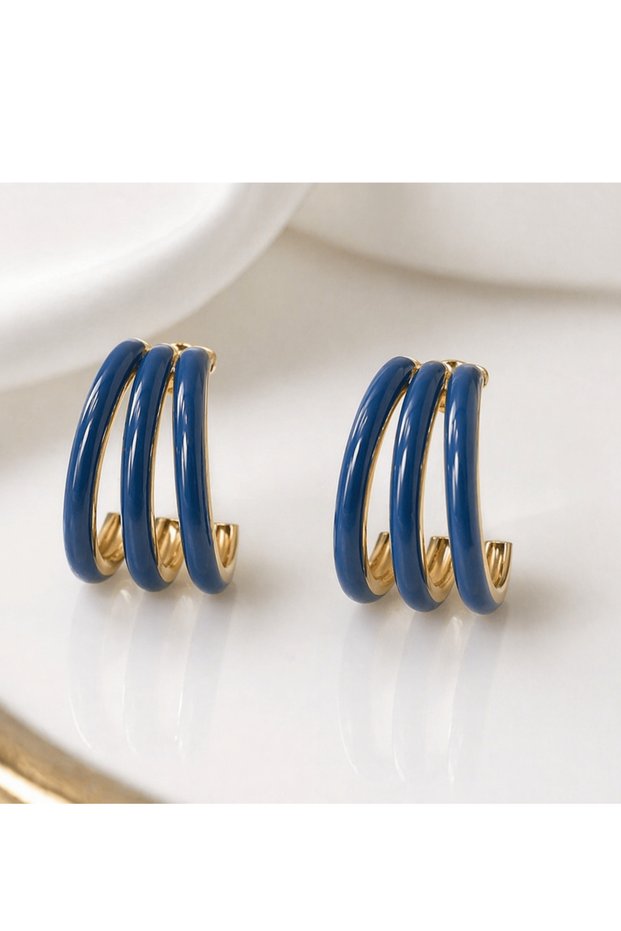 Yaz Seri̇ Women's Navy Blue Enamel Triple Half Hoop Earrings with Gold Color Detail Modern Design