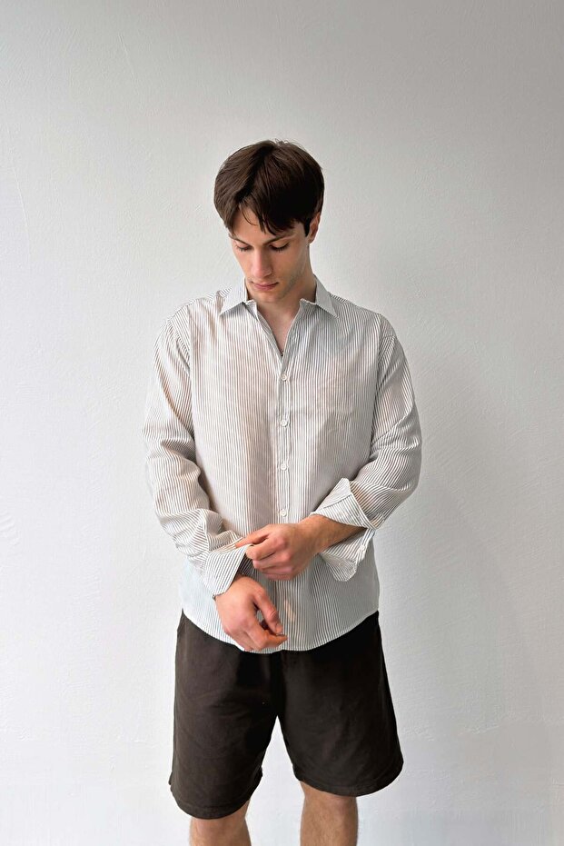 Double Striped White Tencel Fabric Oversize Shirt