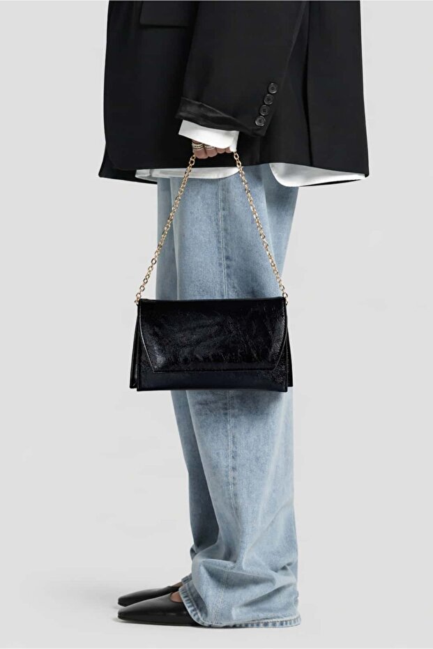Chiara Black Chain Detailed Shiny Mini Baguette Bag