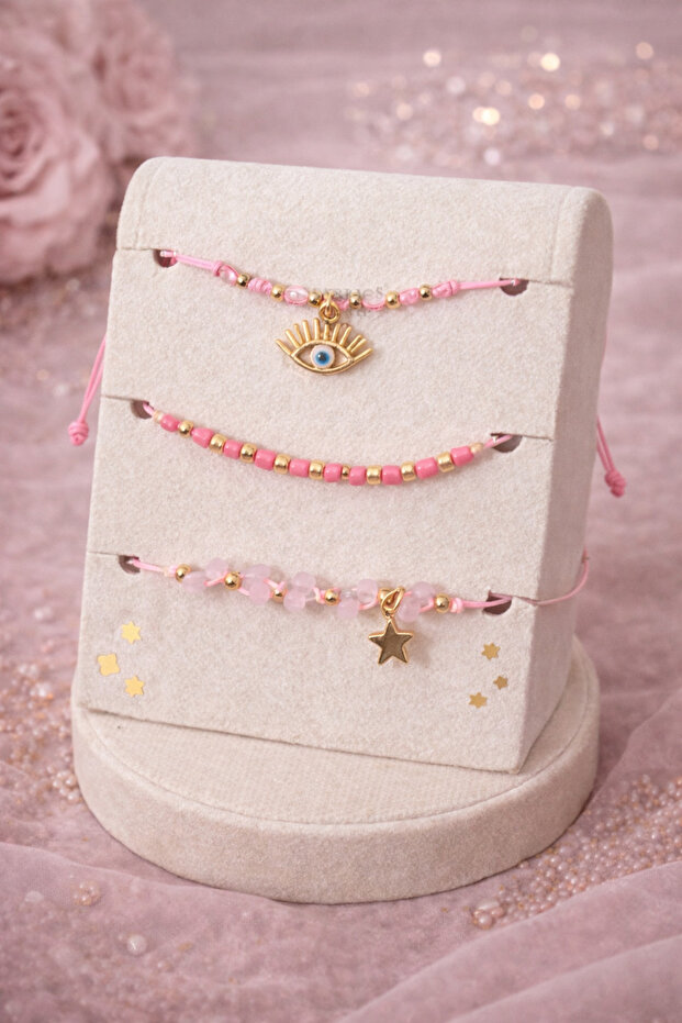 Evil Eye Beaded & Star Detailed Bracelet Set – Pink Beaded, Adjustable Stylish Design