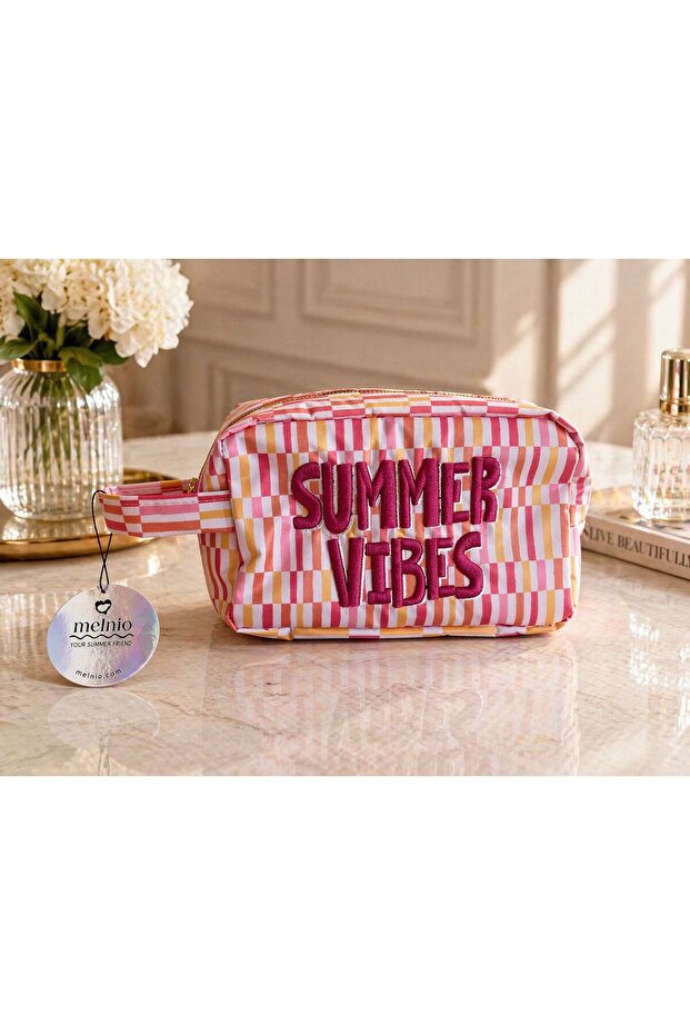Striped Summer Vibes-Embroidered Cosmetic Bag - Travel Organizer