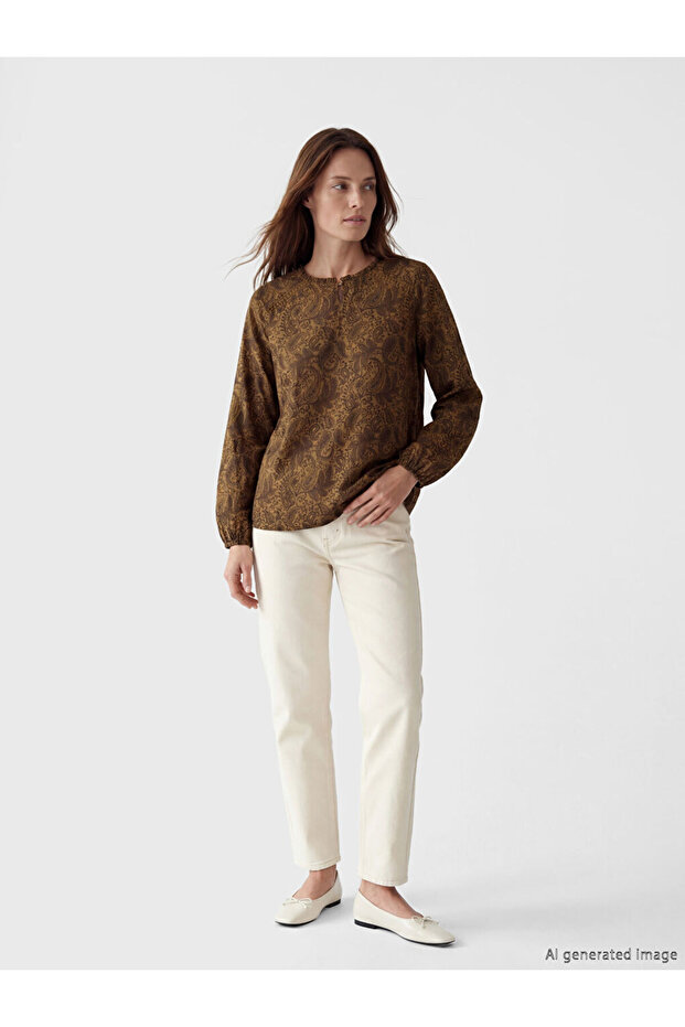 Ruffled Crew Neck Patterned Blouse - 1