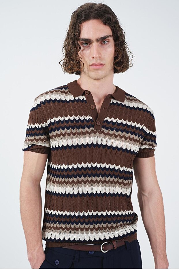 Patterned Polo Collar Brown Knitwear T-Shirt