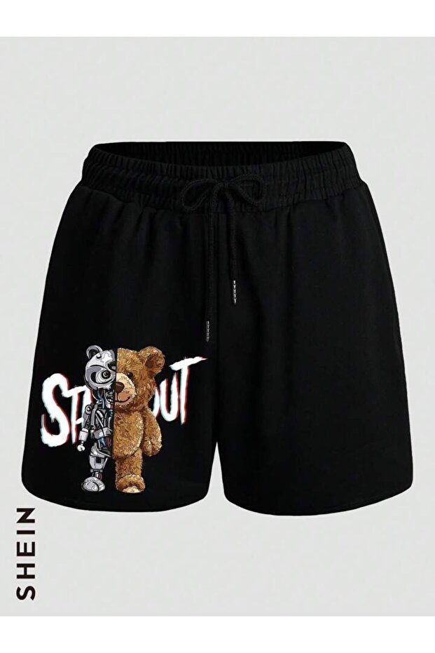 Hanangiyim Black Shorts Printed Comfortable Fit Elastic Waist Daily Sports Summer