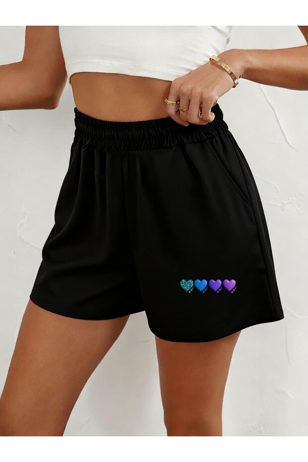Hanangiyim Black Shorts Printed Comfortable Fit Elastic Waist Daily Sports Summer