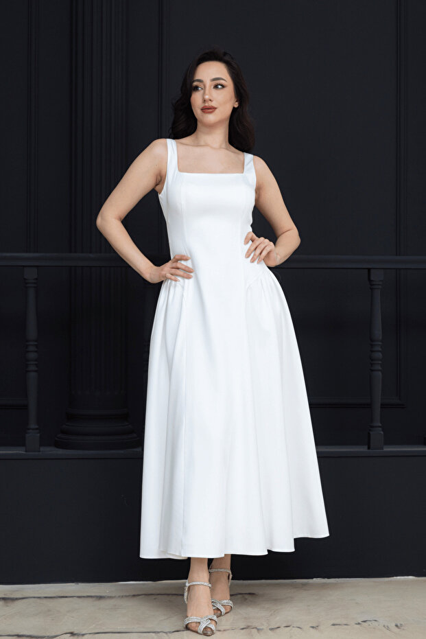 Waist Drawstring Midi Satin Dress - White
