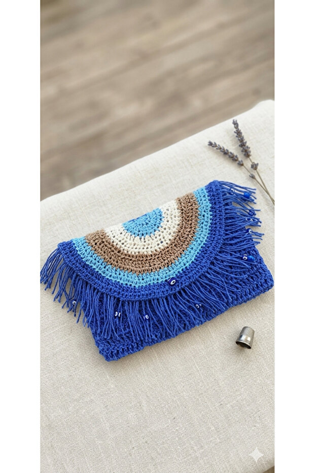 Paper String Portfolio Blue Bag Straw Handbag Portfolio, Clutch Bag