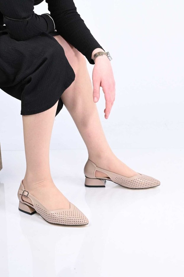 Stapled Neolite Sole Pointed Toe Genuine Leather Thick Heeled Shoes 339-330 Women's Shoes