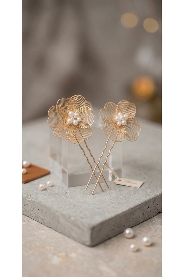 Mira Model Gold Plated Floral Bridal Hairpin - Wire Hairpin Set with Pearls / 2 Pieces