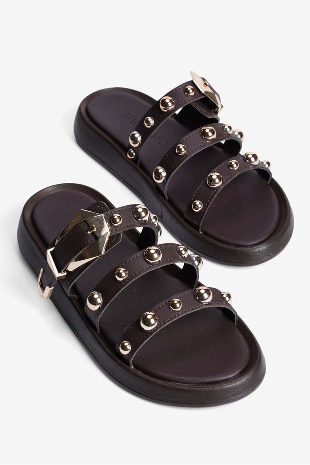 Women's Slippers with Straps, Gold Detail, Buckle, Daily Comfortable, Sidela Brown